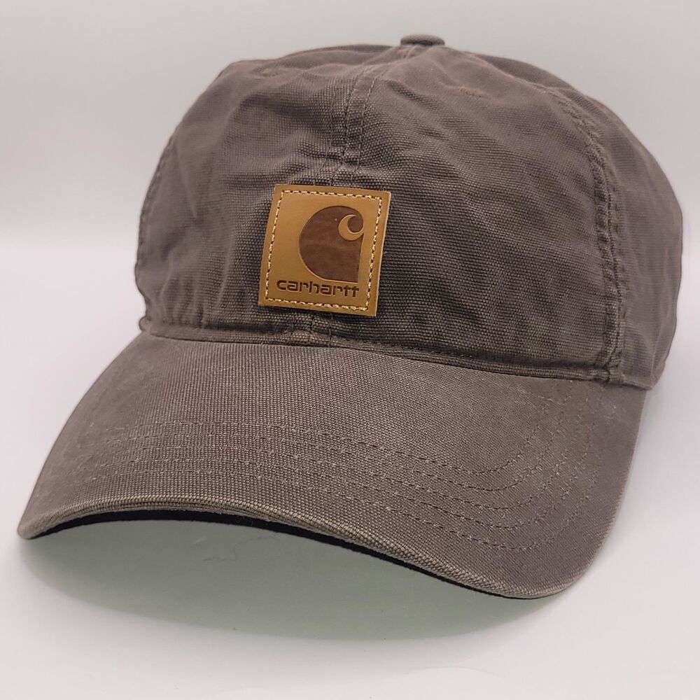 Carhartt Workwear Leather Patch Hat Baseball Cap Mens Adjustable Strapback EUC